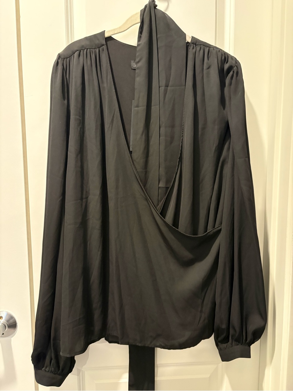 Women's Black Wrap Blouse with Tie Neck